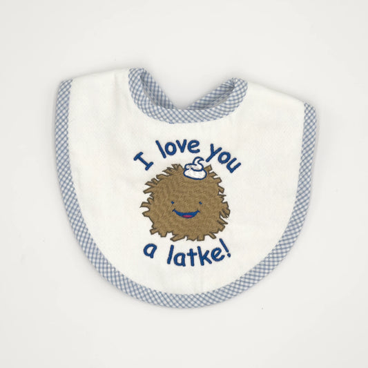 "I Love You a Latke" Baby Bib - Blue Gingham Trim with Latke Embroidery