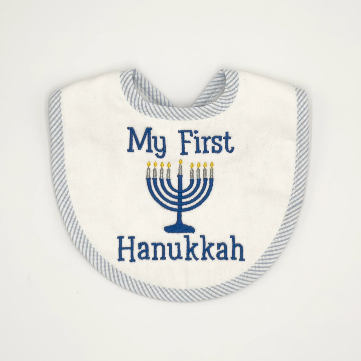 "My First Hanukkah" Baby Bib - Blue Striped Trim with Menorah Embroidery