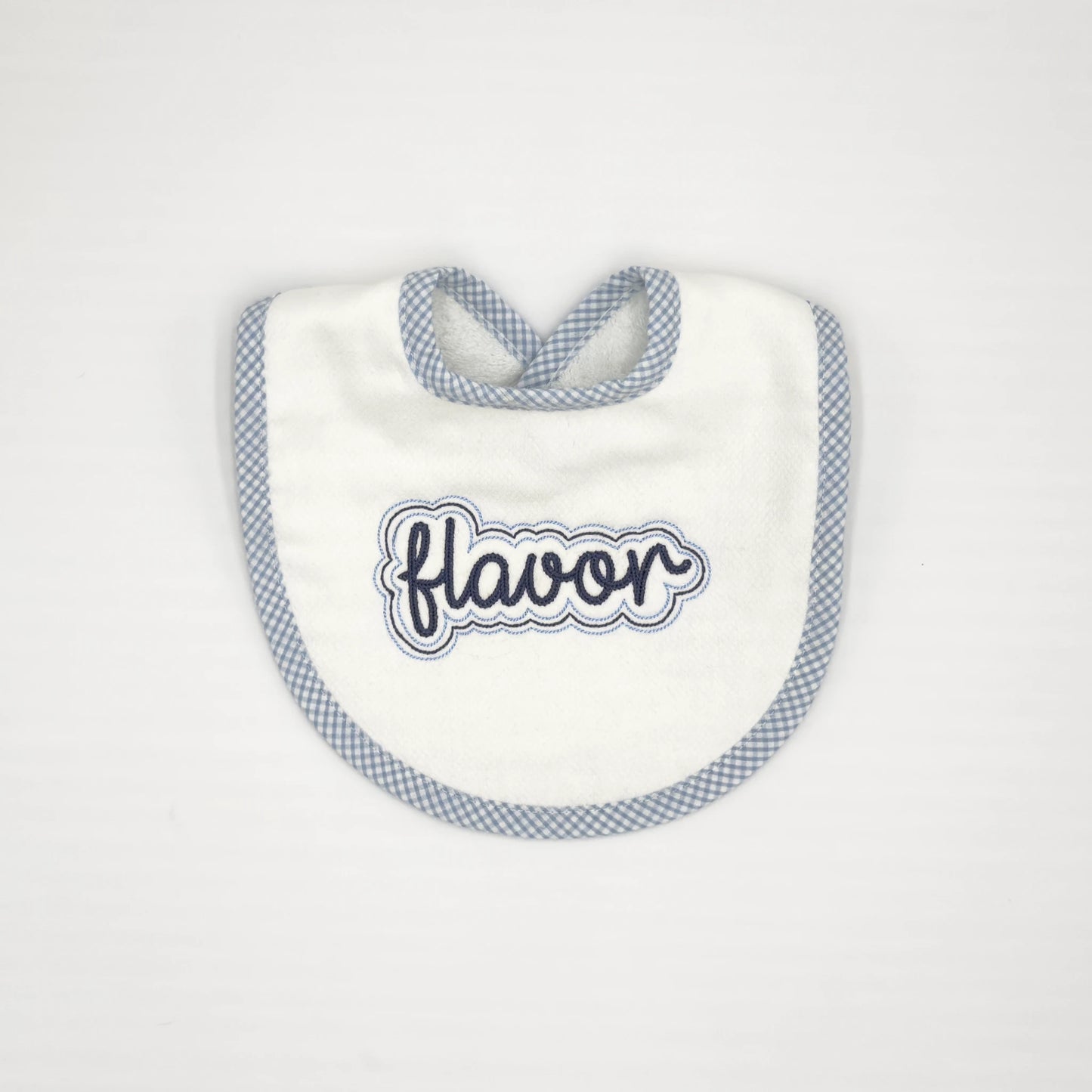 Baby Bib with Navy "Flavor" Embroidery - Blue Gingham Trim