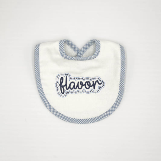 Baby Bib with Navy "Flavor" Embroidery - Blue Gingham Trim