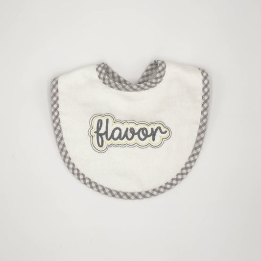 Baby Bib with Gray "Flavor" Embroidery - Gray Gingham Trim