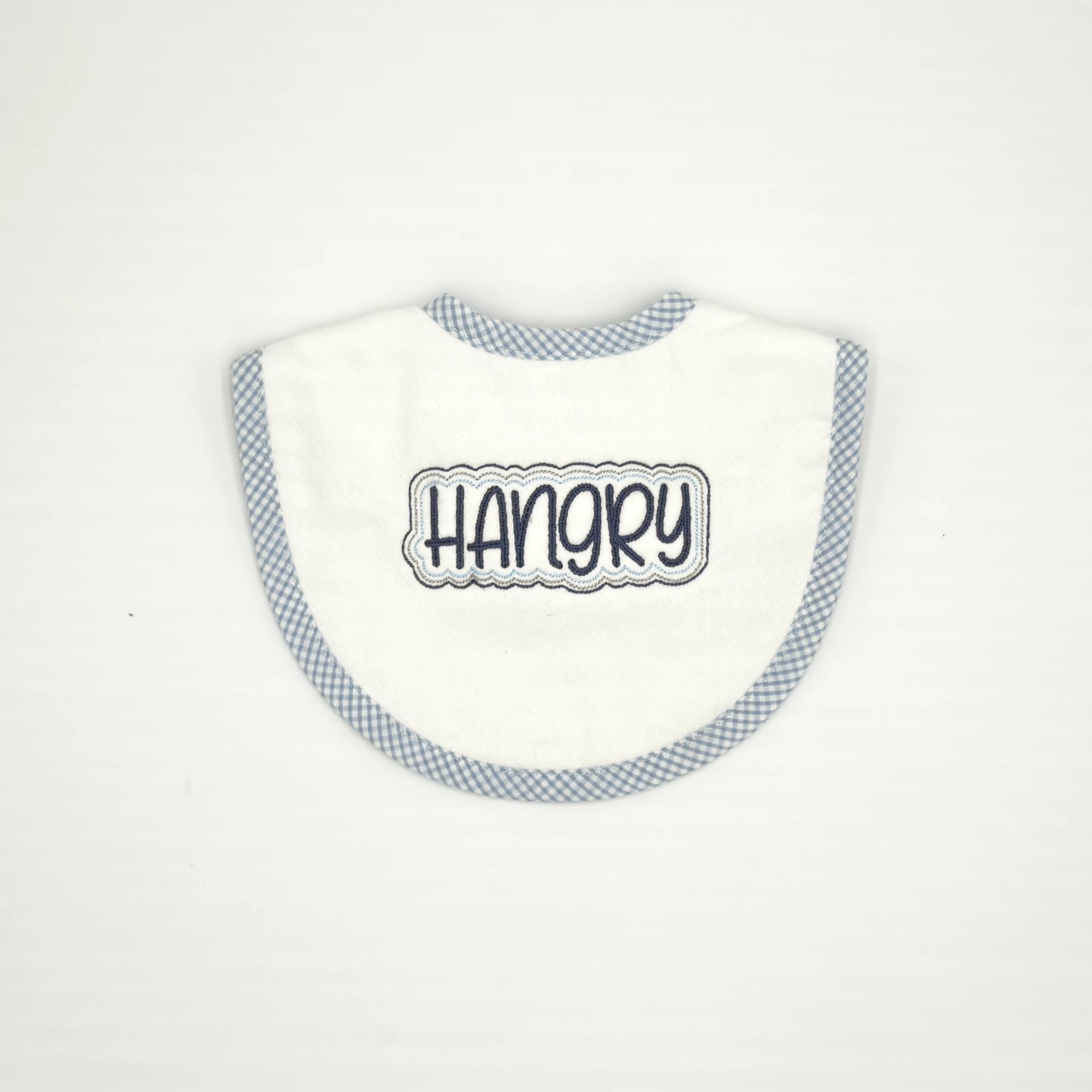 Baby Bib with Navy "Hangry" Embroidery - Blue Gingham Trim