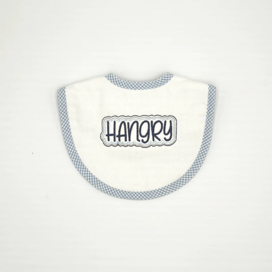 Baby Bib with Navy "Hangry" Embroidery - Blue Gingham Trim