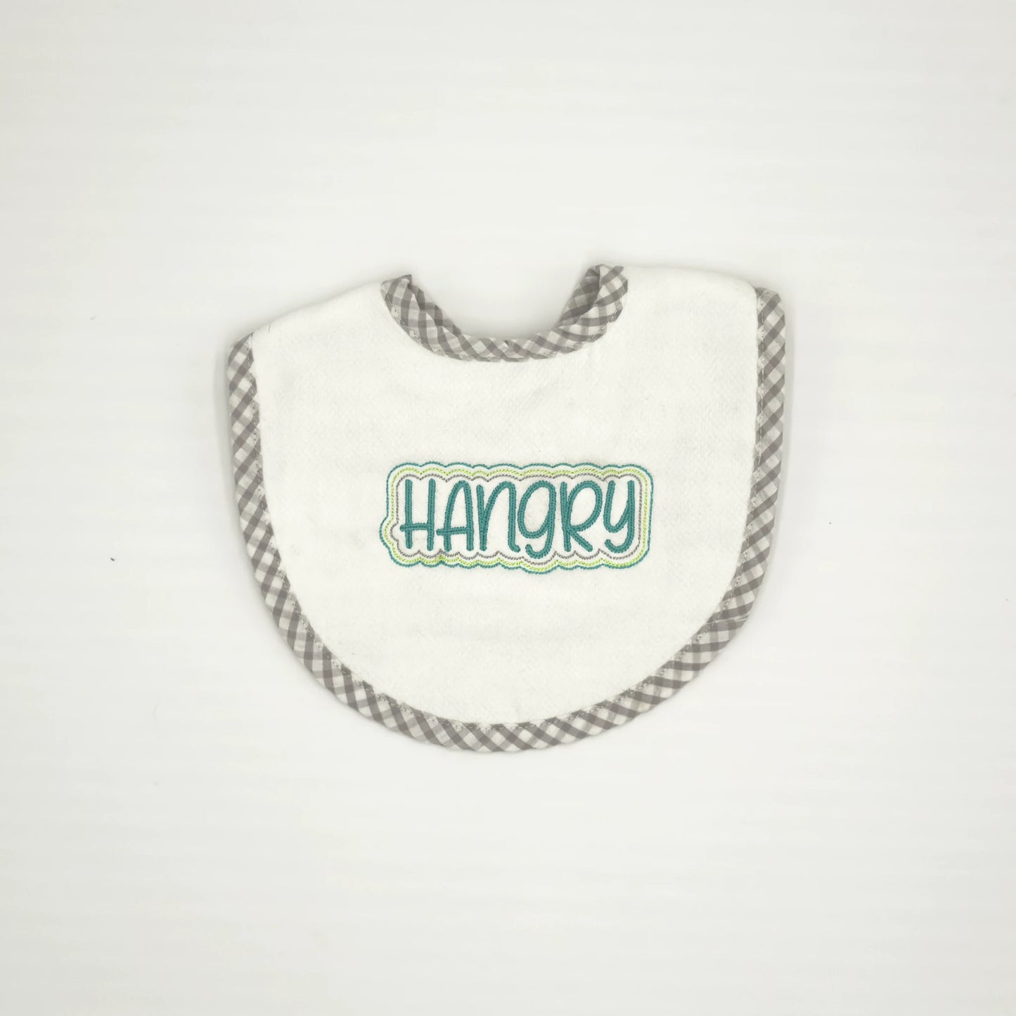 Baby Bib with Green "Hangry" Embroidery - Gray Gingham Trim