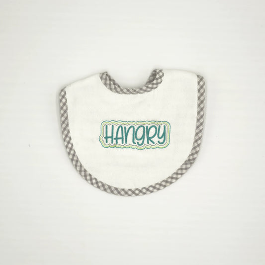 Baby Bib with Green "Hangry" Embroidery - Gray Gingham Trim