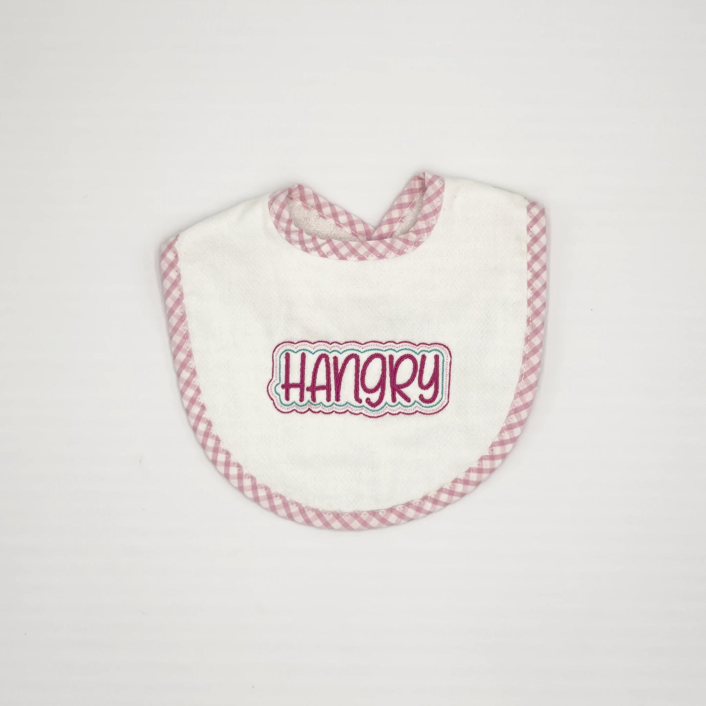Baby Bib with Pink "Hangry" Embroidery - Pink Gingham Trim