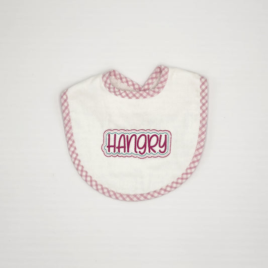 Baby Bib with Pink "Hangry" Embroidery - Pink Gingham Trim