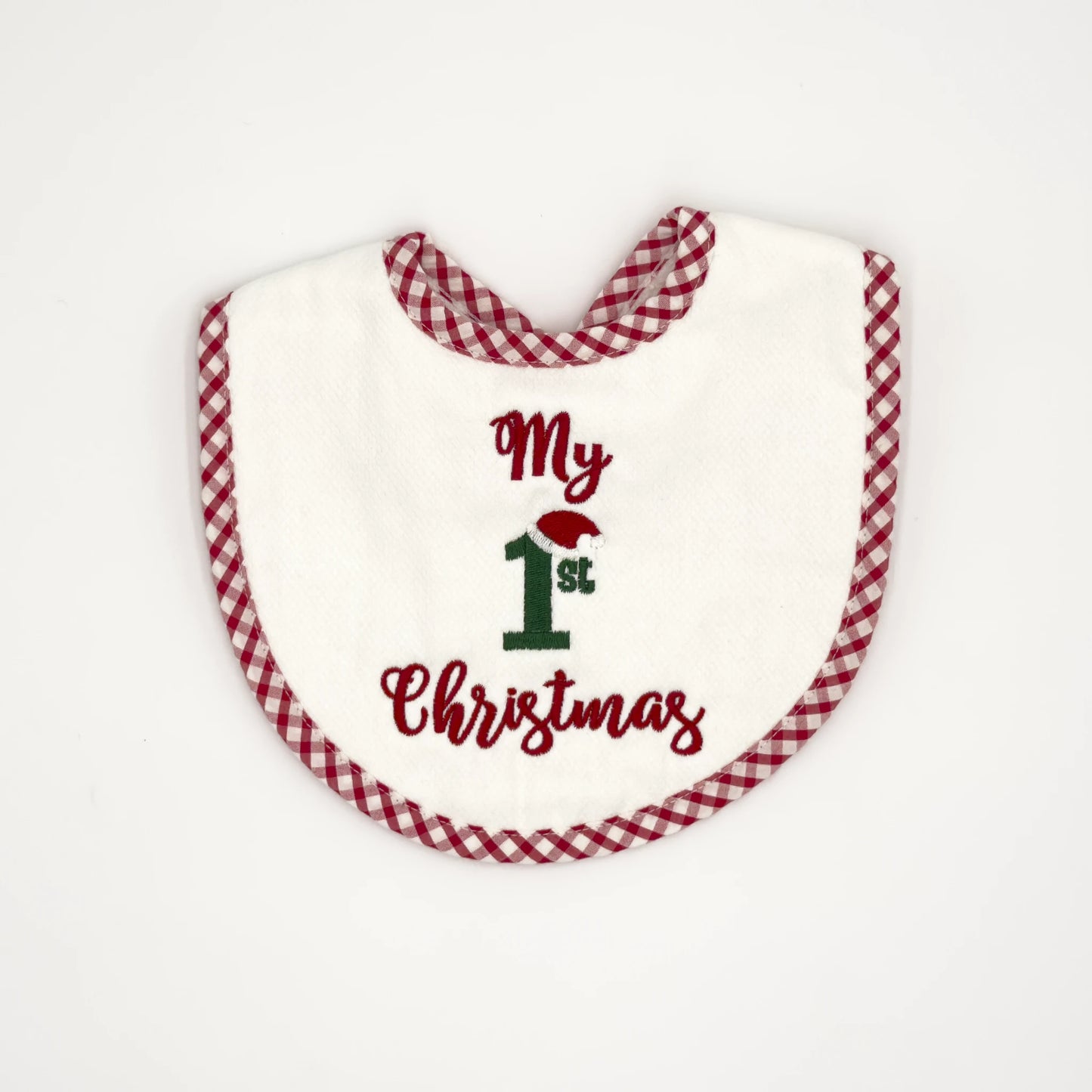 "My First Christmas" Baby Bib - Red Gingham Trim with Festive Embroidery