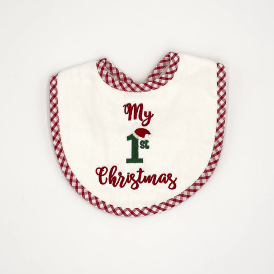 "My First Christmas" Baby Bib - Red Gingham Trim with Festive Embroidery