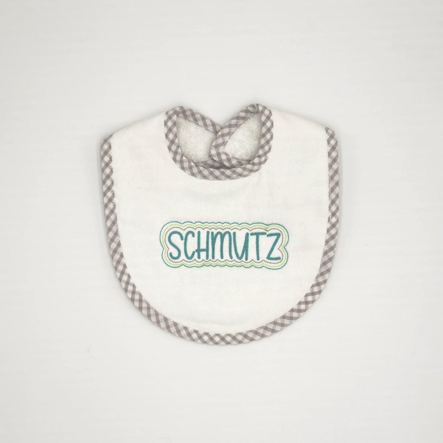 Baby Bib with Green "Schmutz" Embroidery - Gray Gingham Trim