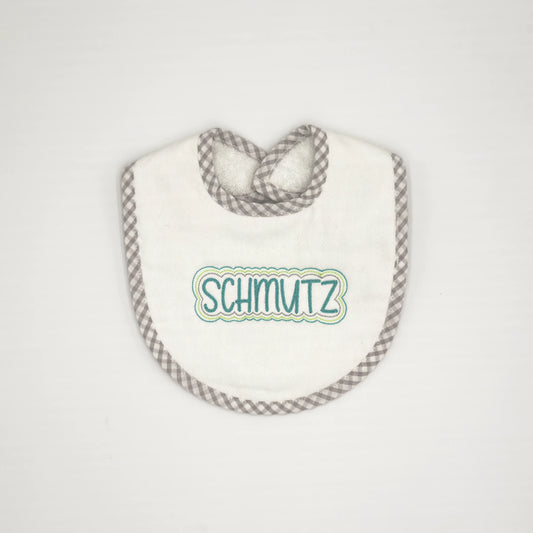 Baby Bib with Green "Schmutz" Embroidery - Gray Gingham Trim
