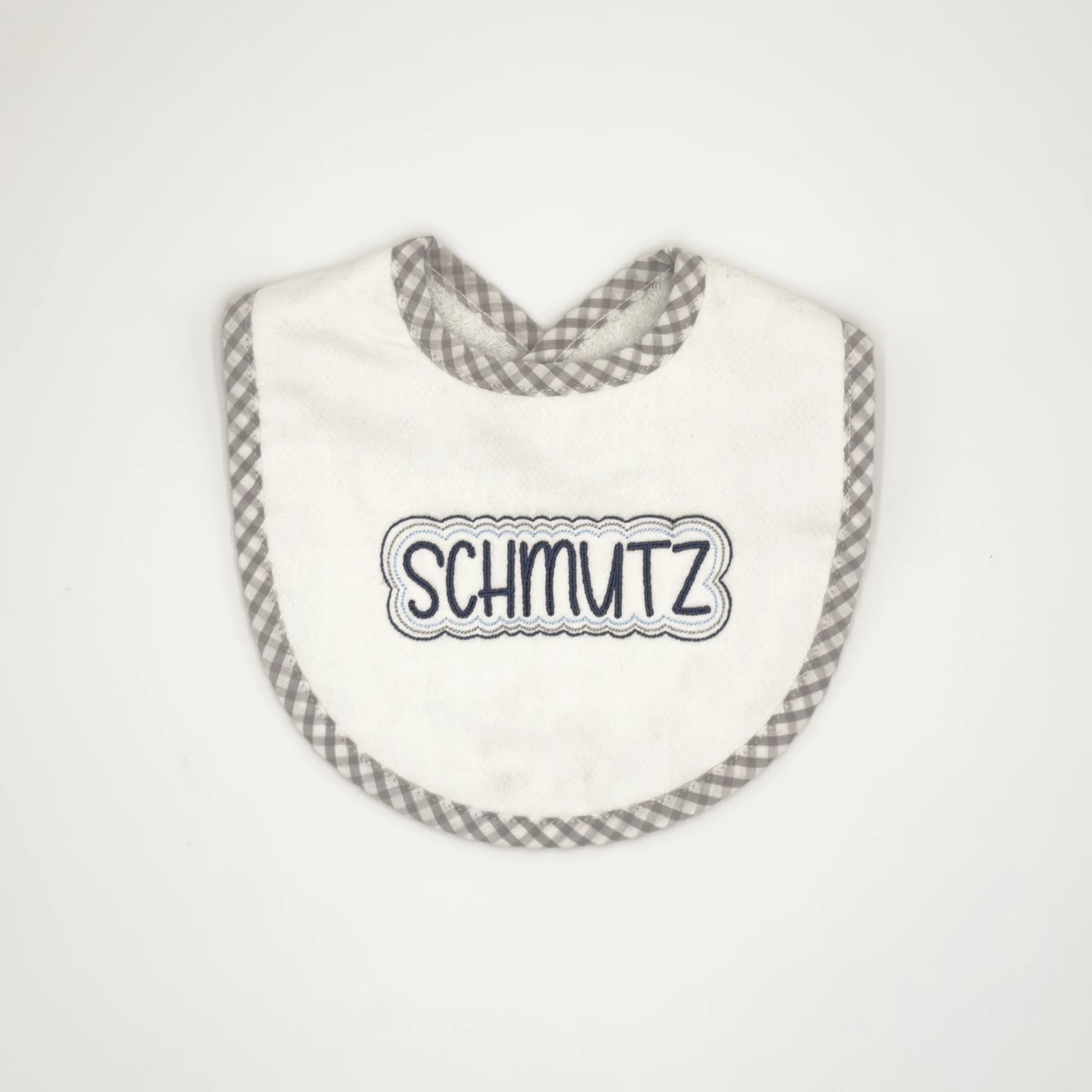 Baby Bib with Navy 'Schmutz' Embroidery - Gray Gingham Trim