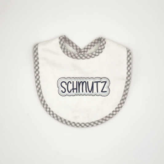 Baby Bib with Navy 'Schmutz' Embroidery - Gray Gingham Trim