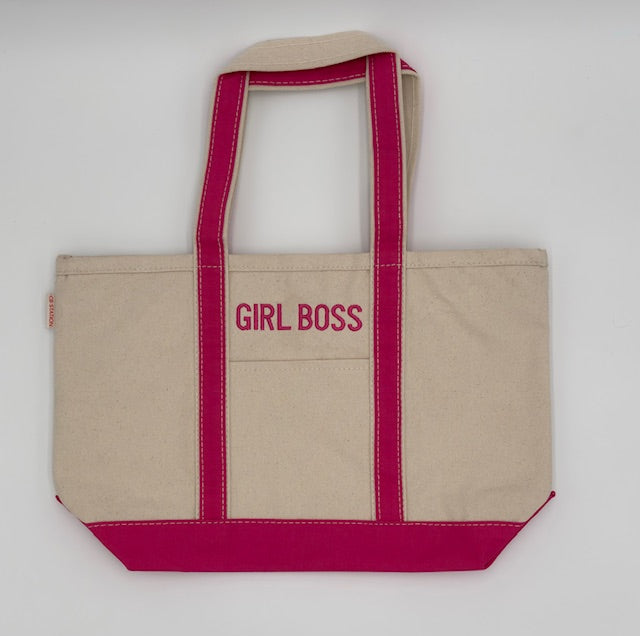 Natural and hot-pink canvas boat tote embroidered ‘GIRL BOSS’