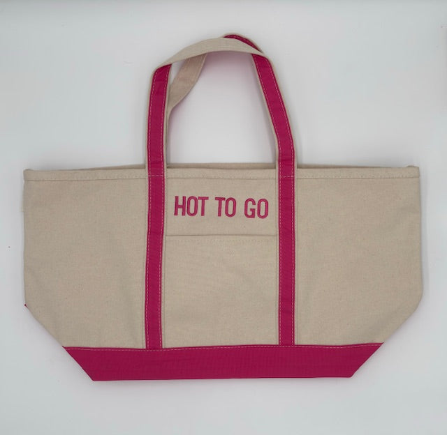 Natural and hot-pink large-size canvas boat tote embroidered ‘HOT TO GO’