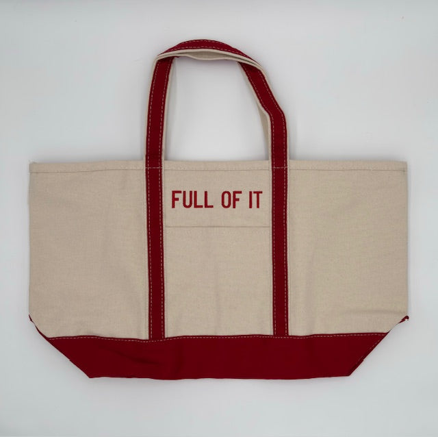 Natural and red canvas large-size boat tote embroidered ‘FULL OF IT.’