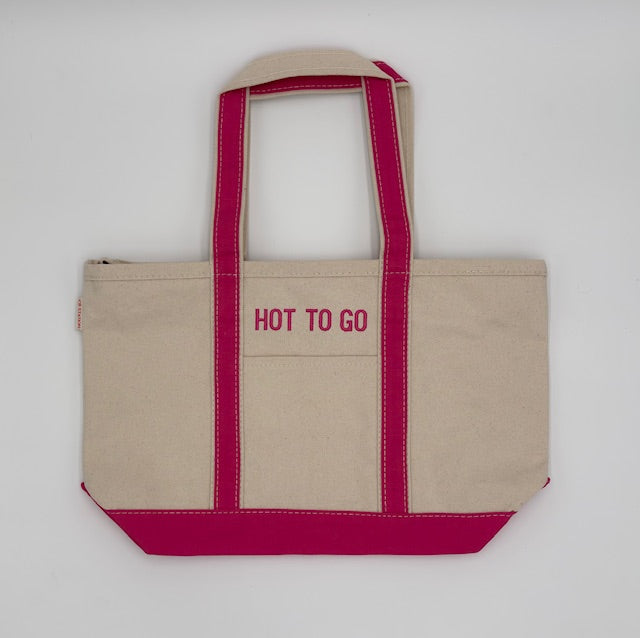 Natural and hot-pink medium-size canvas boat tote embroidered ‘HOT TO GO’