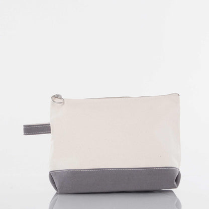 Natural canvas pouch with gray bottom band and matching side loop; top zipper with round metal pull.