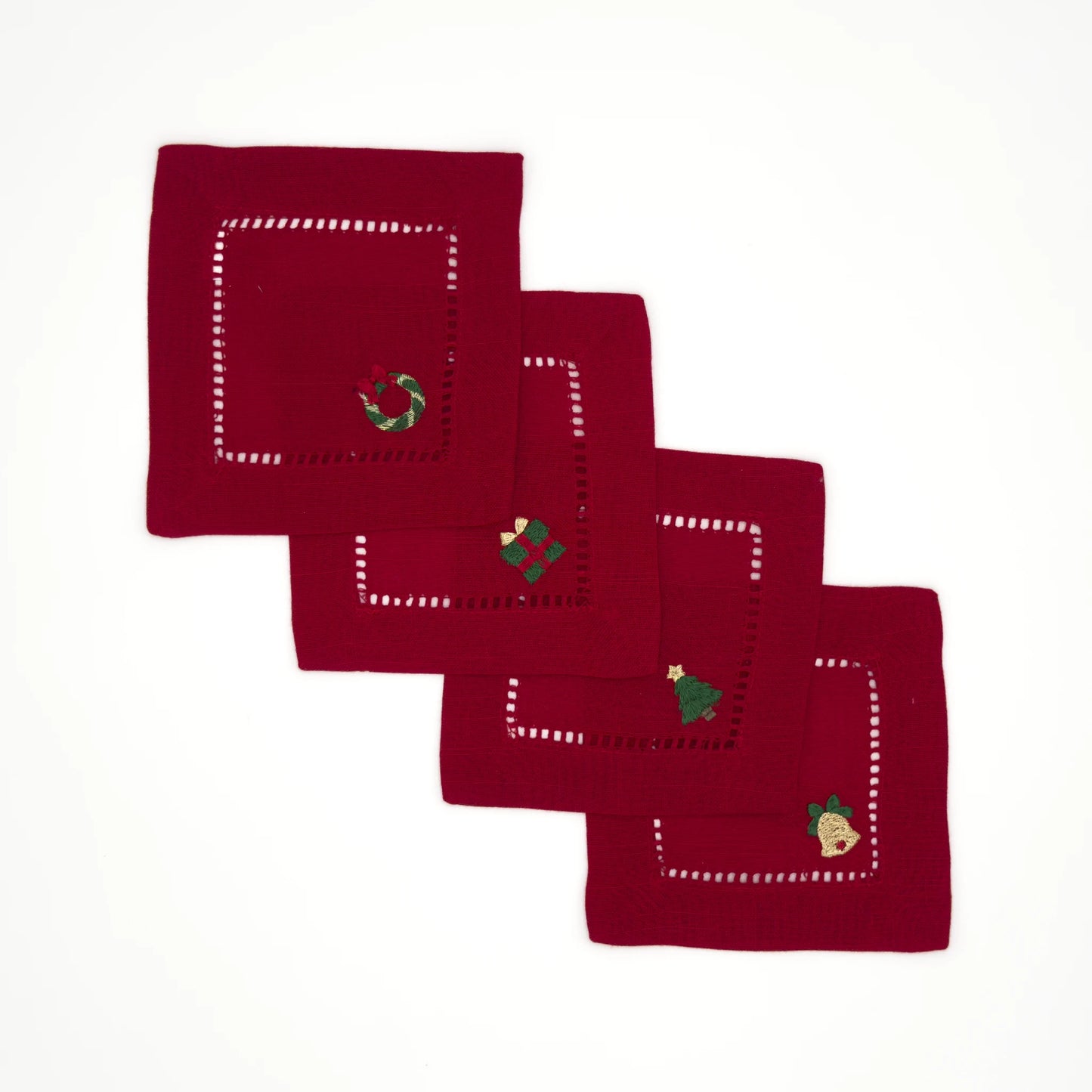 Christmas Embroidered Cocktail Napkins - Red with Holiday Symbols (Set of 4)