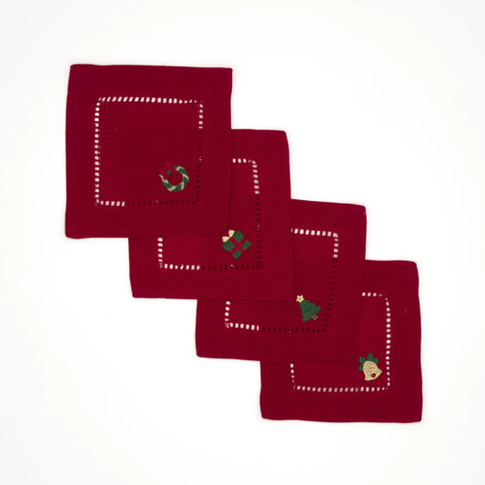 Christmas Embroidered Cocktail Napkins - Red with Holiday Symbols (Set of 4)