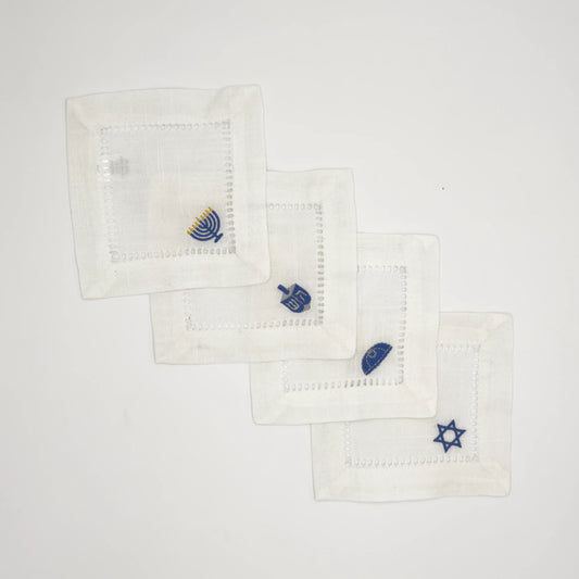 Hanukkah Embroidered Cocktail Napkins - White with Holiday Symbols (Set of 4)