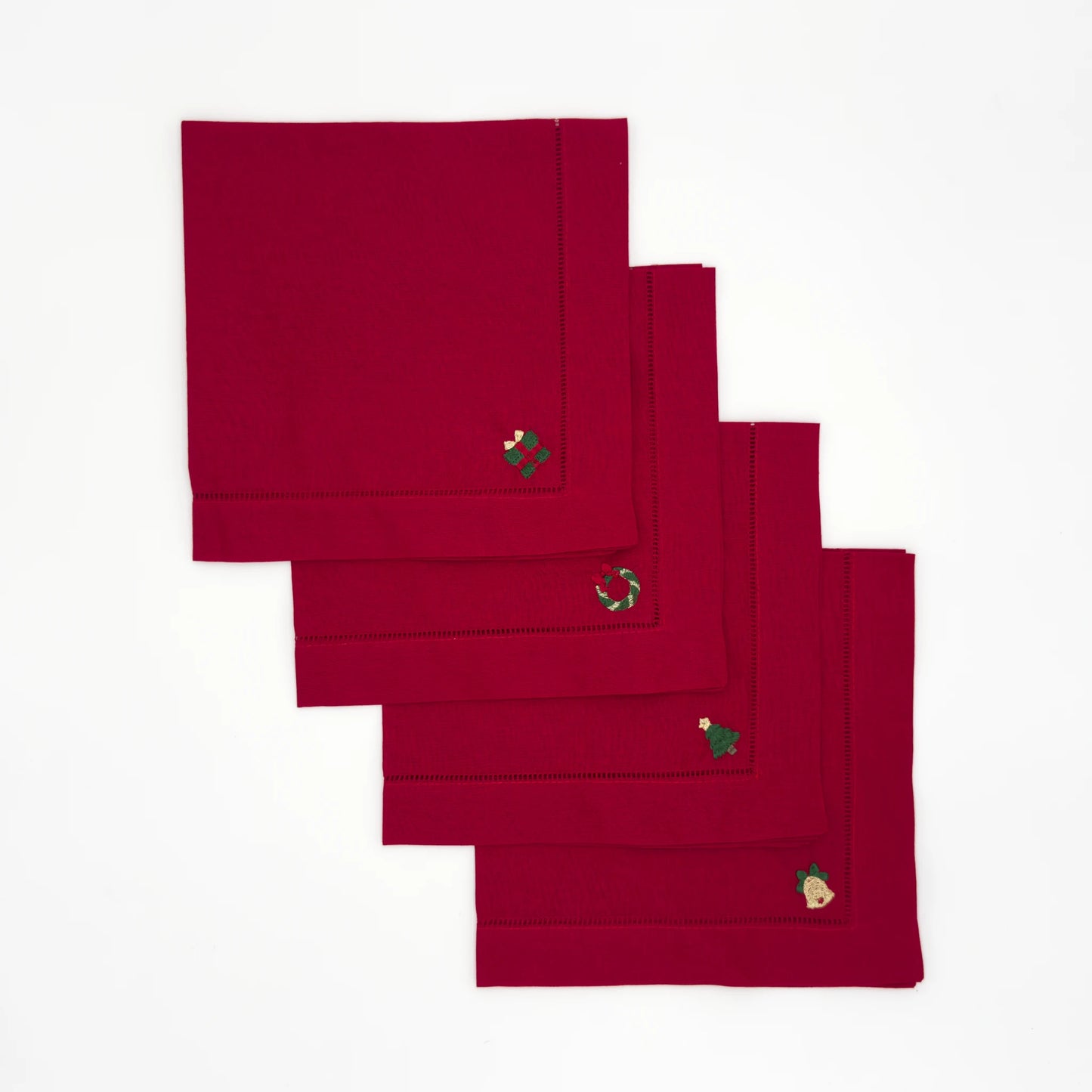 Christmas Embroidered Dinner Napkins - Red with Holiday Symbols (Set of 4)