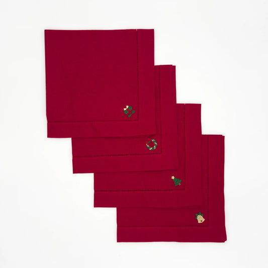 Christmas Embroidered Dinner Napkins - Red with Holiday Symbols (Set of 4)