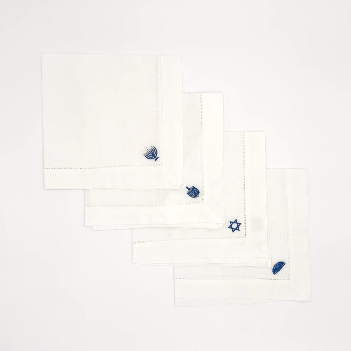 Hanukkah Embroidered Dinner Napkins - White with Holiday Symbols (Set of 4)