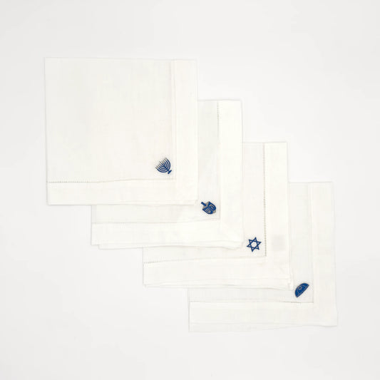 Hanukkah Embroidered Dinner Napkins - White with Holiday Symbols (Set of 4)