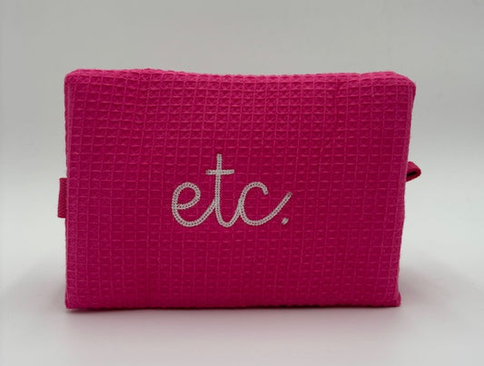 "Etc." Large Waffle Cosmetic Bag-Hot Pink with white stitching