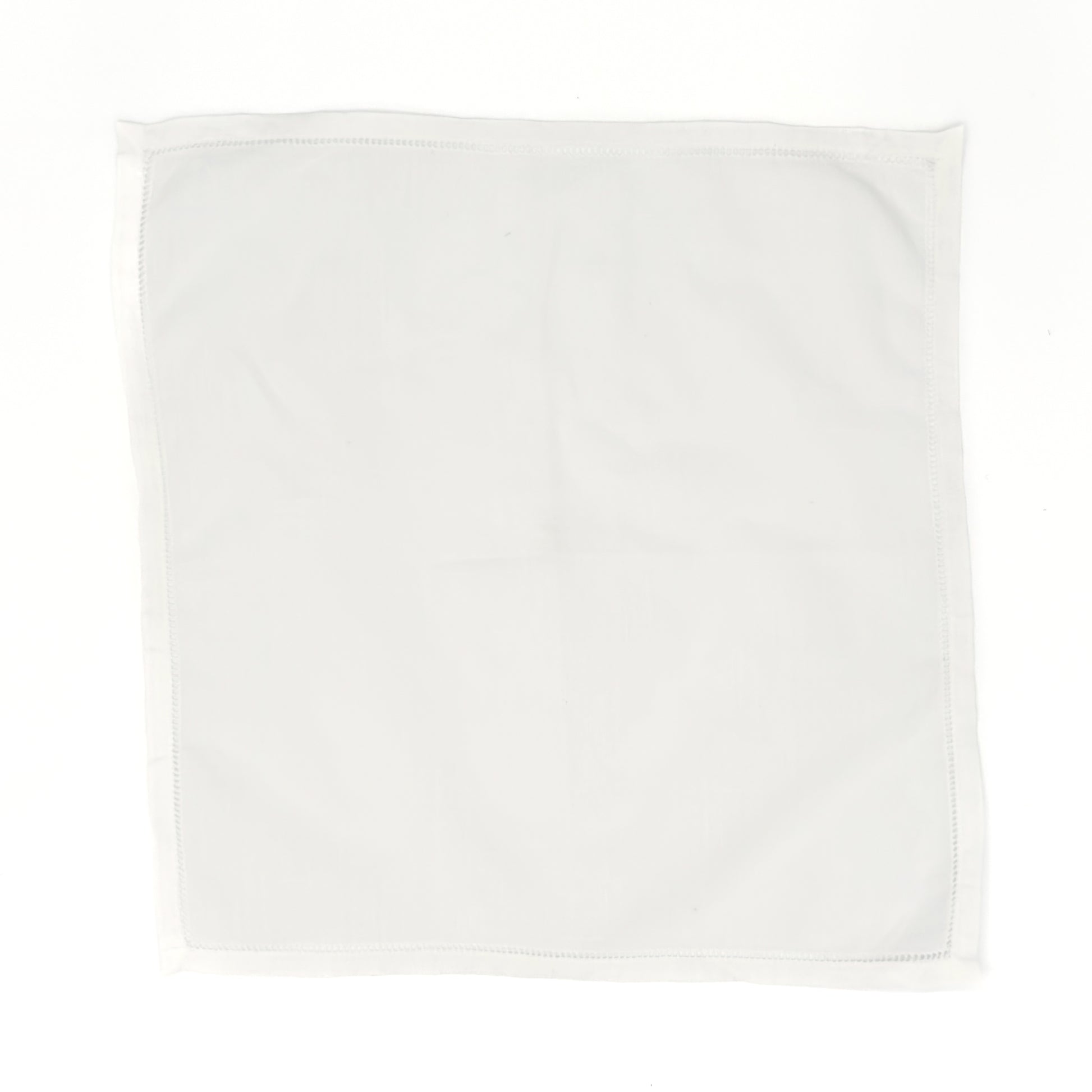 White cotton men’s handkerchief with hemstitch border, 20″ square, pressed flat against a white background.