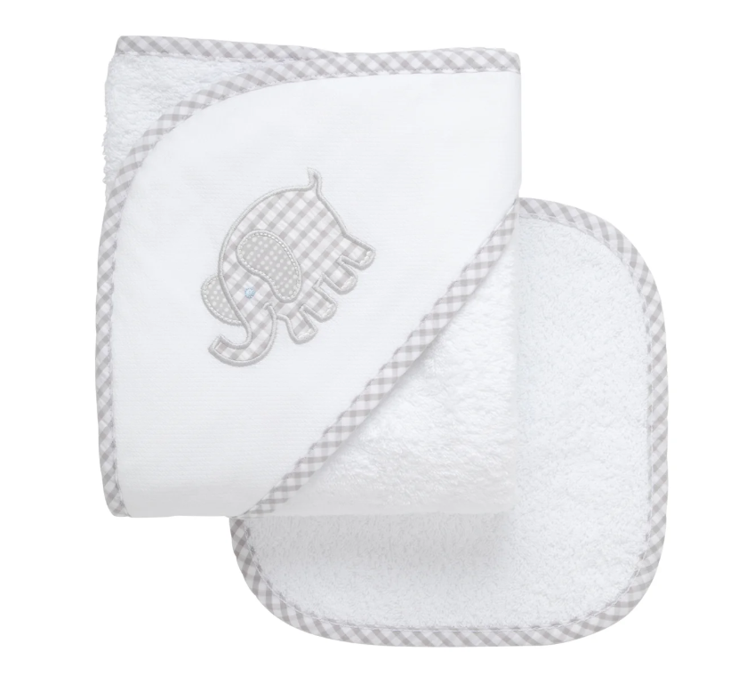 White hooded baby towel with gray elephant appliqué; matching washcloth shown.