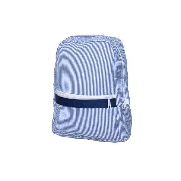 Small kids’ backpack in navy seersucker stripes; front zip pocket with navy trim, on white background. Add custom embroidery along the top front of the backpack.