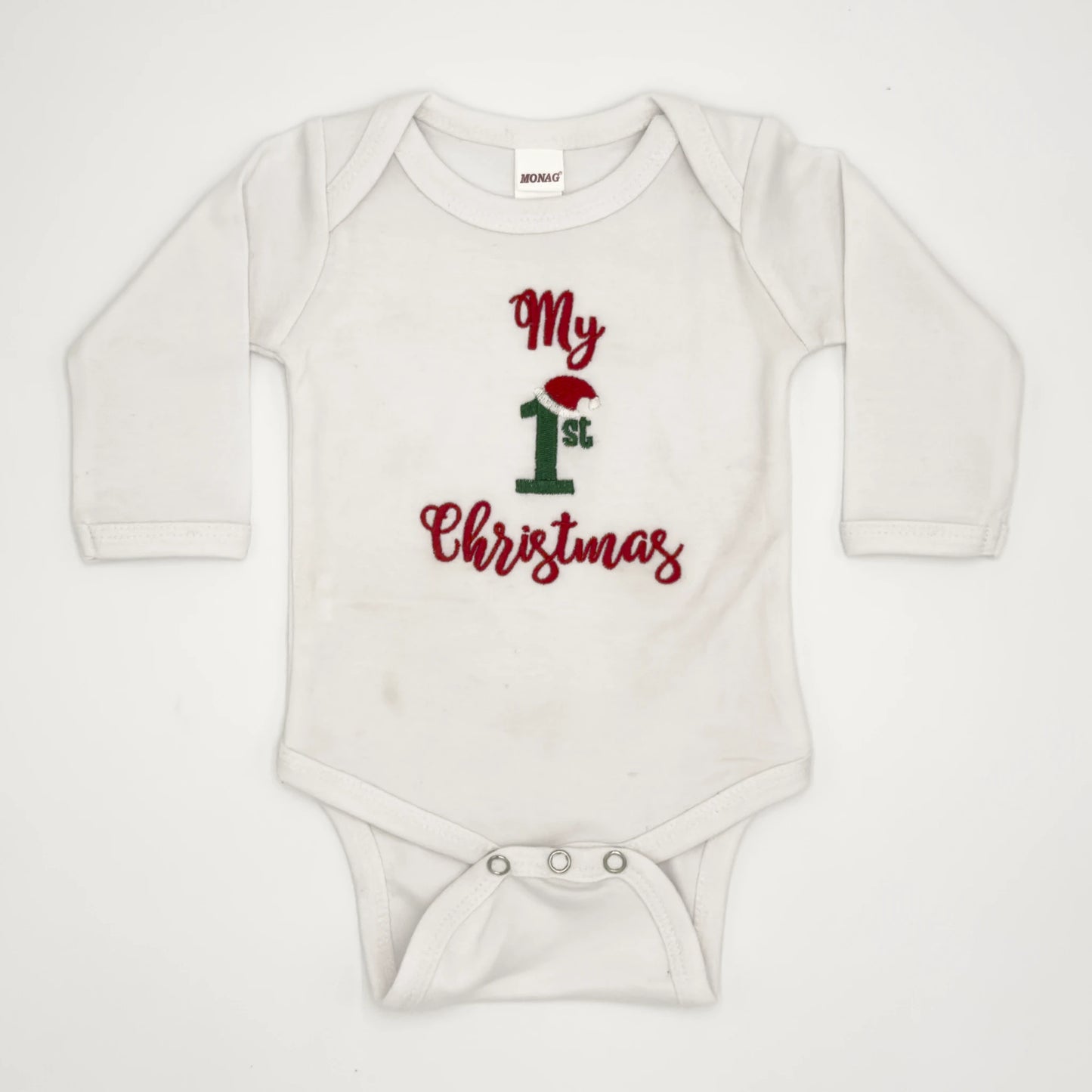 "My First Christmas" Embroidered Baby Onesie - White Long Sleeve