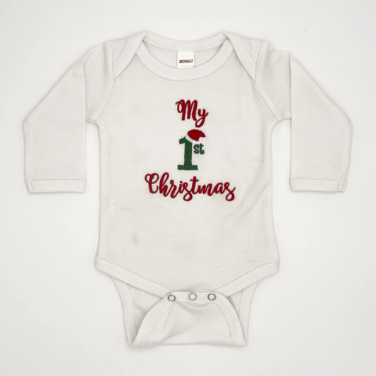"My First Christmas" Embroidered Baby Onesie - White Long Sleeve