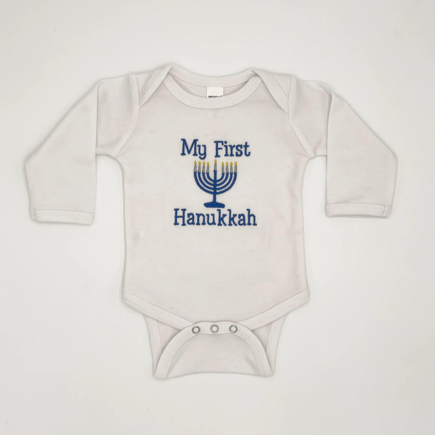 "My First Hanukkah" Embroidered Baby Onesie - White Long Sleeve