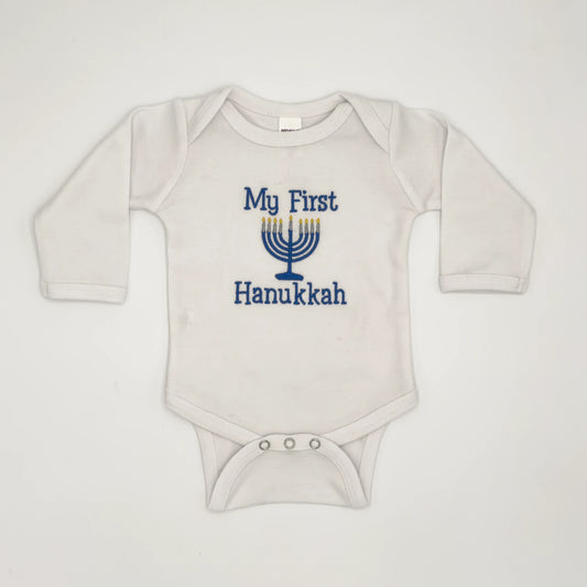 "My First Hanukkah" Embroidered Baby Onesie - White Long Sleeve